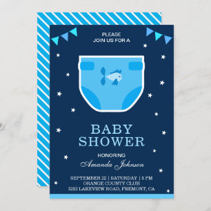 Cute Blue Boys Diaper Baby Shower Invitation