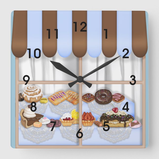 Cute Blue Brown Cupcake Sweet Bakery Square Wall Clock (Front)