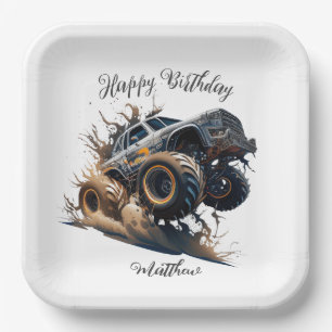 Cute Blue Brown Race Monster Truck Kids' Birthday Paper Plate