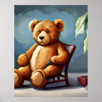 Cute Blue Brown Teddy Bear Sitting on Chair