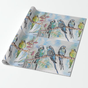 Cute Blue Budgie birds art Watercolor Wrapping Paper