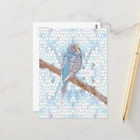 Cute blue budgie on mosaic background, custom  