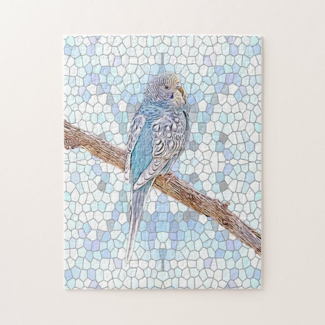 Cute blue budgie on mosaic background   jigsaw puzzle (Vertical)