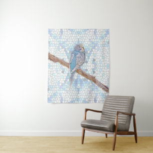 Cute blue budgie on mosaic background  tapestry