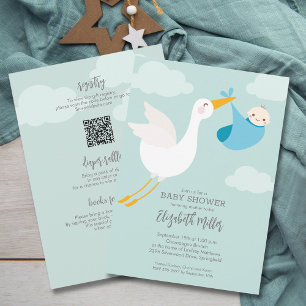 Cute Blue Bundle Stork Baby Shower All In One Invitation