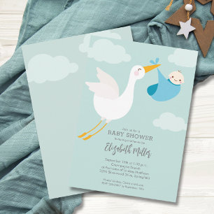 Cute Blue Bundle Stork Baby Shower Invitation