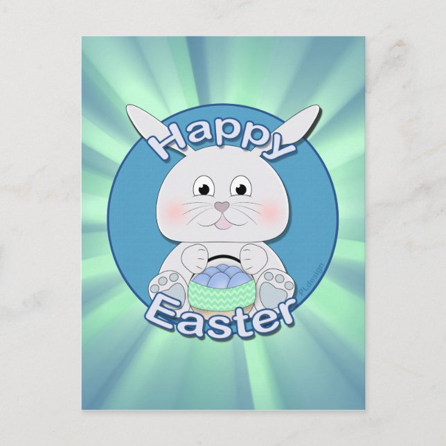 Cute Blue Bunny Boy with Easter eggs basket Holiday Postcard (Front)