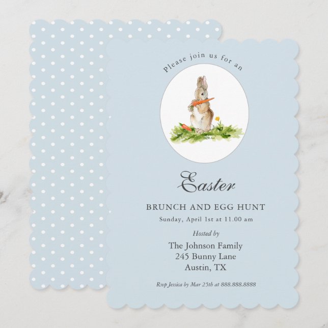 Cute blue Bunny Easter brunch & Egg hunt   Holiday Card (Front/Back)