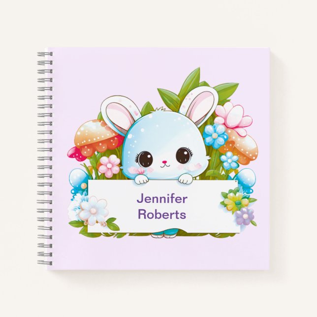 Cute Blue Bunny Floral Notebook (Front)