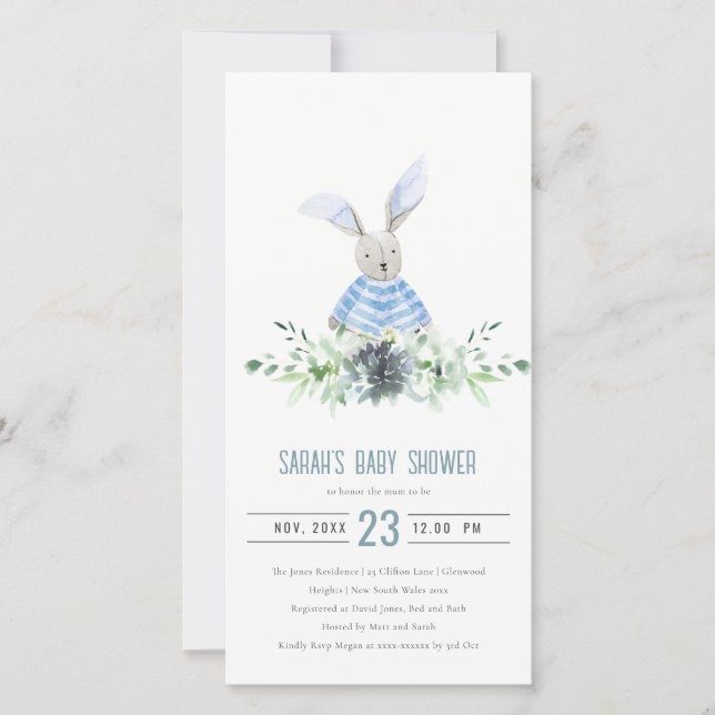 Cute Blue Bunny Garden Fauna Baby Shower Invite (Front)
