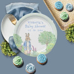 Cute Blue Bunny Rabbit Gingham Baby Shower  Paper Plate<br><div class="desc">Cute blue Rabbit in garden with greenery and flowers done in soft watercolors.  Blue & green gingham background. Soft trees & flowers surround this sweet bunny graphic.  Just adorable.</div>