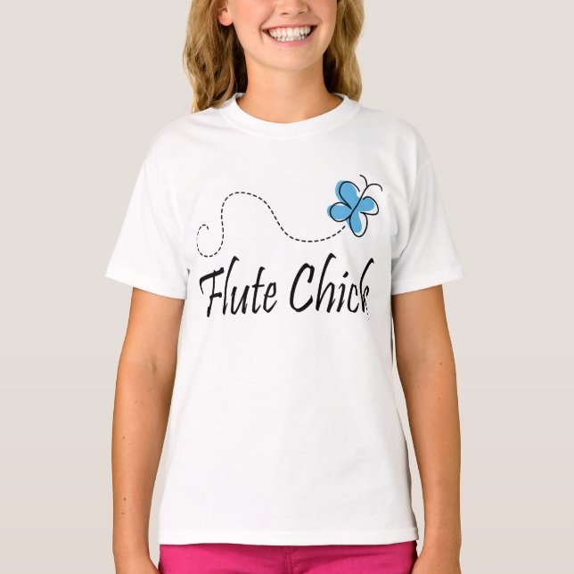 Cute Blue Butterfly Flute Chick Music Gift T-Shirt (Front)