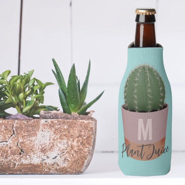 Cute Blue Cactus Plant Juice Monogrammed Bottle Cooler (Add your initial to this cactus themed bottle cooler and drink up your plant juice)