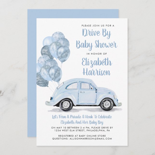 Cute Blue Car Drive By Baby Shower Invitation (Front/Back)