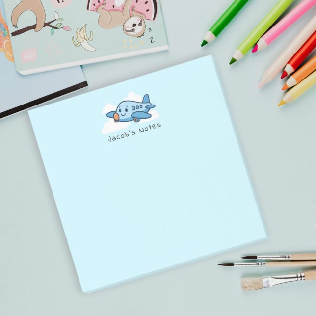 Cute Blue Cartoon Aeroplane in Sky Kids Custom Tex Post-it Notes (Creator Uploaded)