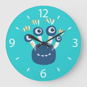 Cute Blue Cartoon Monster With Four Eyes Kids Large Clock