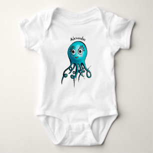 Cute Blue Cartoon Octopus - Smiling Sea Creature Baby Bodysuit