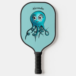 Cute Blue Cartoon Octopus - Smiling Sea Creature Pickleball Paddle
