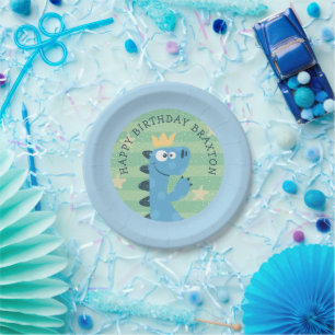 Cute Blue Cartoon T-Rex Child's Birthday Party Paper Plate