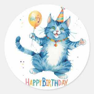 Cute Blue Cat Birthday Balloon - Birthday Classic Round Sticker