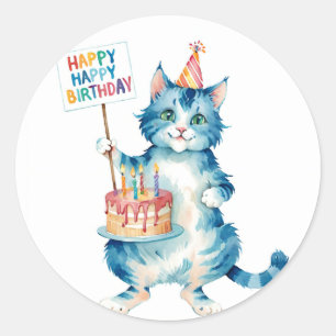 Cute Blue Cat Birthday Cake - Birthday Classic Round Sticker