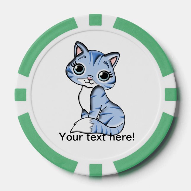 Cute blue cat cartoon poker chips (Front)