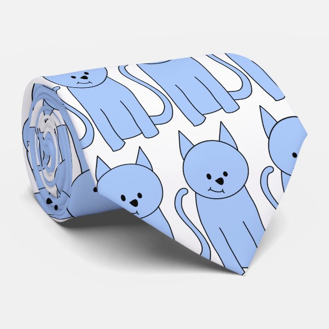 Cute Blue Cat Cartoon Tie (Rolled)