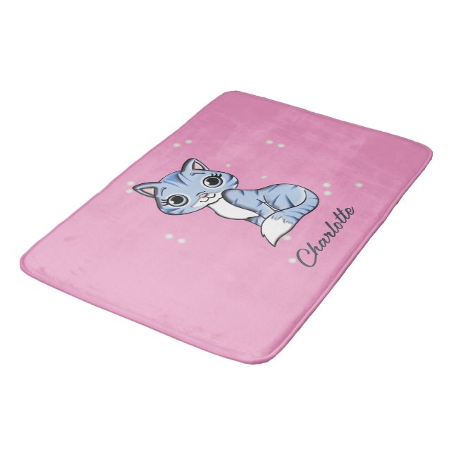 Cute blue cat on pink custom name bath mat (Angled)