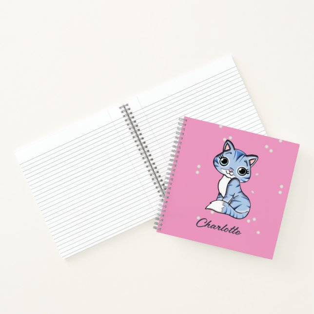 Cute blue cat on pink custom name notebook (Inside)