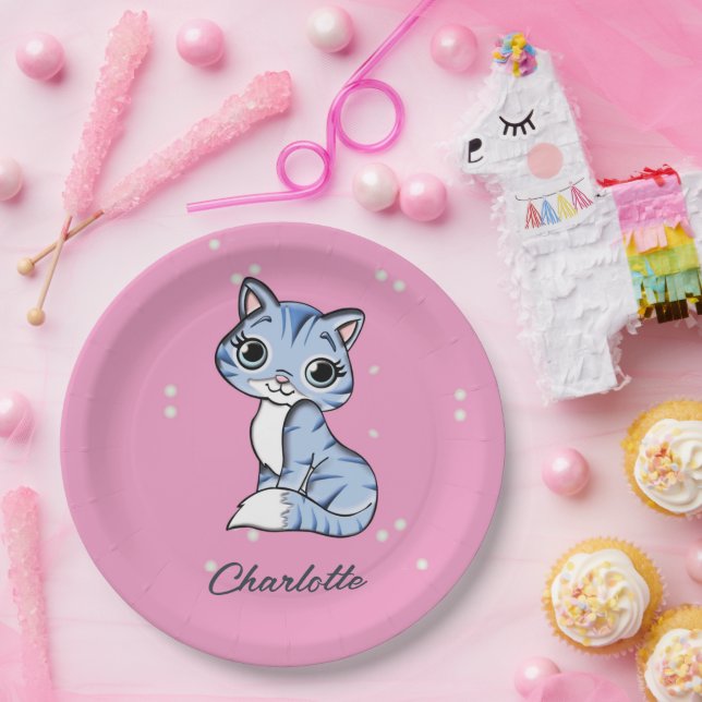 Cute blue cat on pink custom name paper plate (Party)