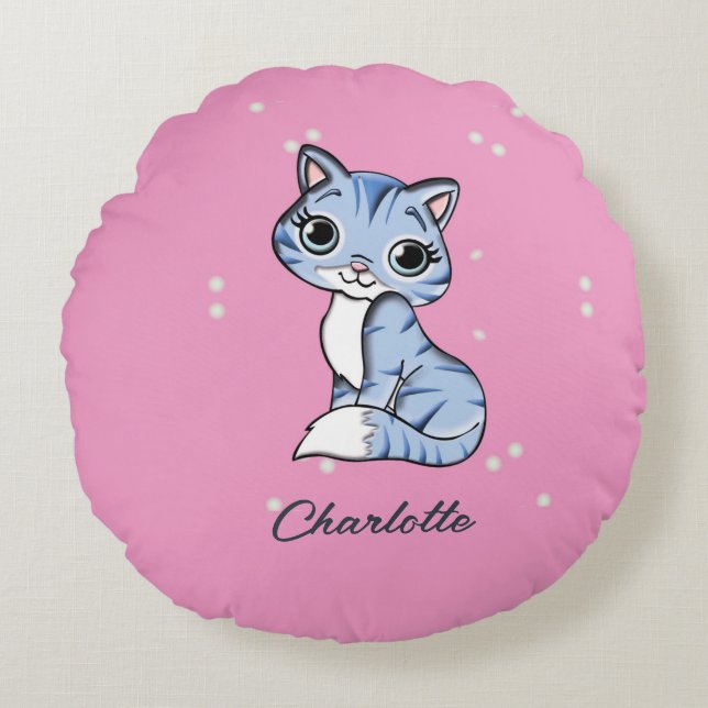 Cute blue cat on pink custom name round cushion (Front)