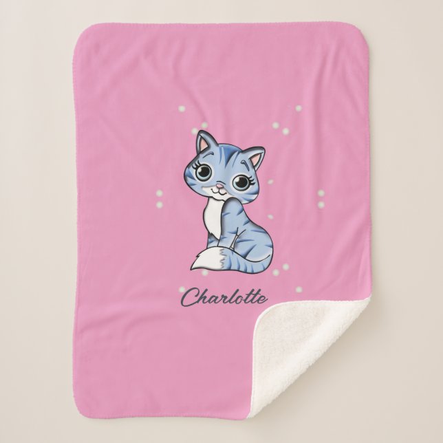 Cute blue cat on pink custom name sherpa blanket (Front)