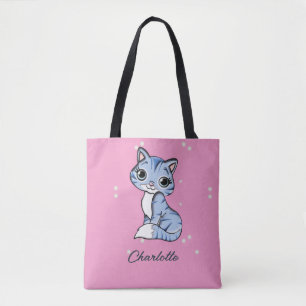Cute blue cat on pink custom name tote bag