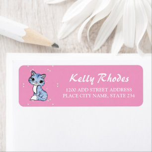 Cute blue cat on pink return address label