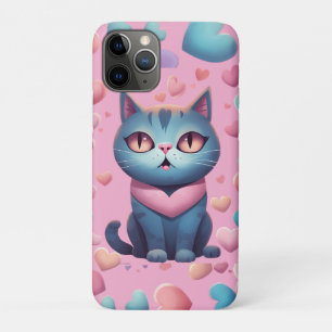 Cute Blue Cat With Hearts Hoodie Kawaii Valentin iPhone 11 Pro Case