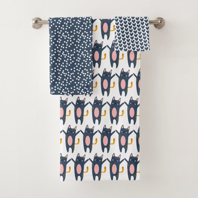 Cute Blue Cats, Hearts and Polkadots  Bath Towel Set (Insitu)