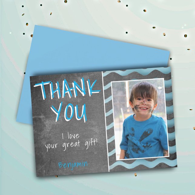 Cute Blue Chalkboard Birthday Photo Thank You Card (Creator Uploaded)
