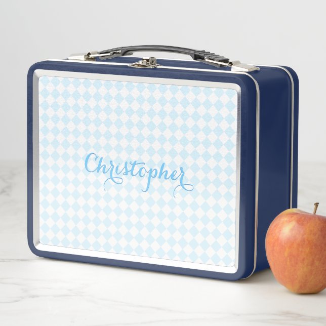 Cute Blue Chequered Monogrammed Kids Boys School Metal Lunch Box (In Situ)