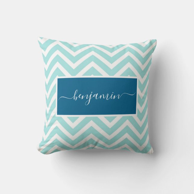 Cute Blue Chevron Zig Zag Pattern Name Cushion (Front)