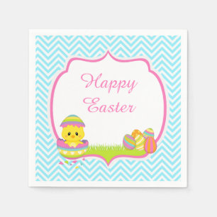 Cute Blue Chevrons Easter Chick Easter Egg Hunt Napkin