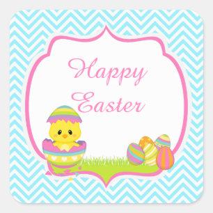 Cute Blue Chevrons Easter Chick Easter Egg Hunt Square Sticker