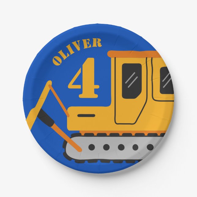 Cute Blue Children's Construction Birthday Paper Plate (Front)