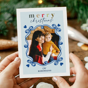 Cute Blue Christmas Bow Heart Frame Photo Holiday Card