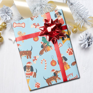 Cute Blue Christmas Dachshund Merry Woofmas Wrapping Paper