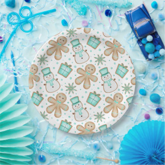 Cute Blue Christmas Holiday Gingerbread Man Paper Plate
