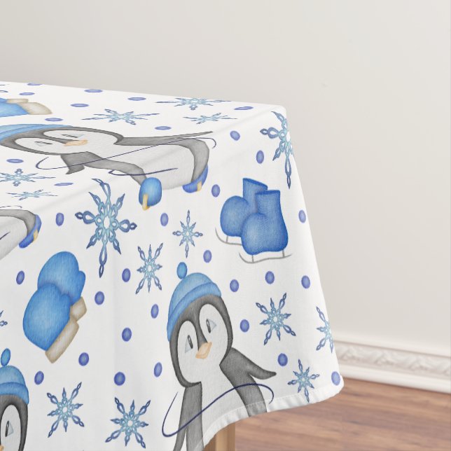 Cute Blue Christmas Ice Skating Penguin Tablecloth (In Situ)
