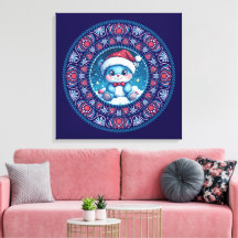 Cute Blue Christmas Kawaii Bear Dot Mandala Canvas