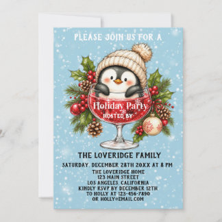 Cute Blue Christmas Penguin Winter Holiday Party Invitation