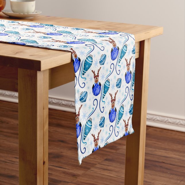 Cute Blue Christmas Reindeer Short Table Runner (In Situ)