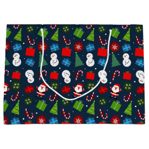 Cute Blue Christmas Santa & Snowman Pattern Large Gift Bag